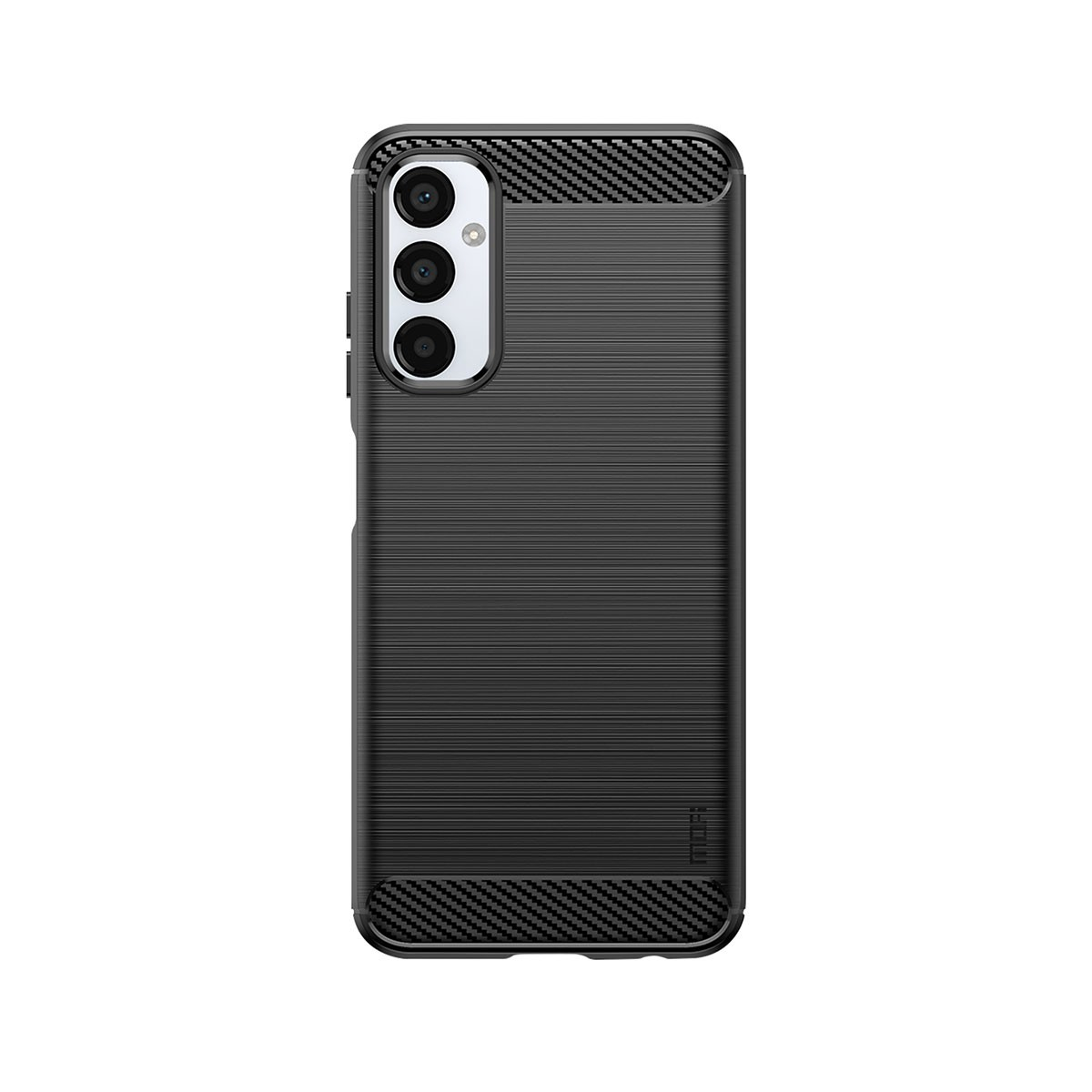 Custodia nera per smartphone. Ha una superficie strutturata e accenti in fibra di carbonio in alto e in basso. Configurazione a tripla fotocamera visibile.