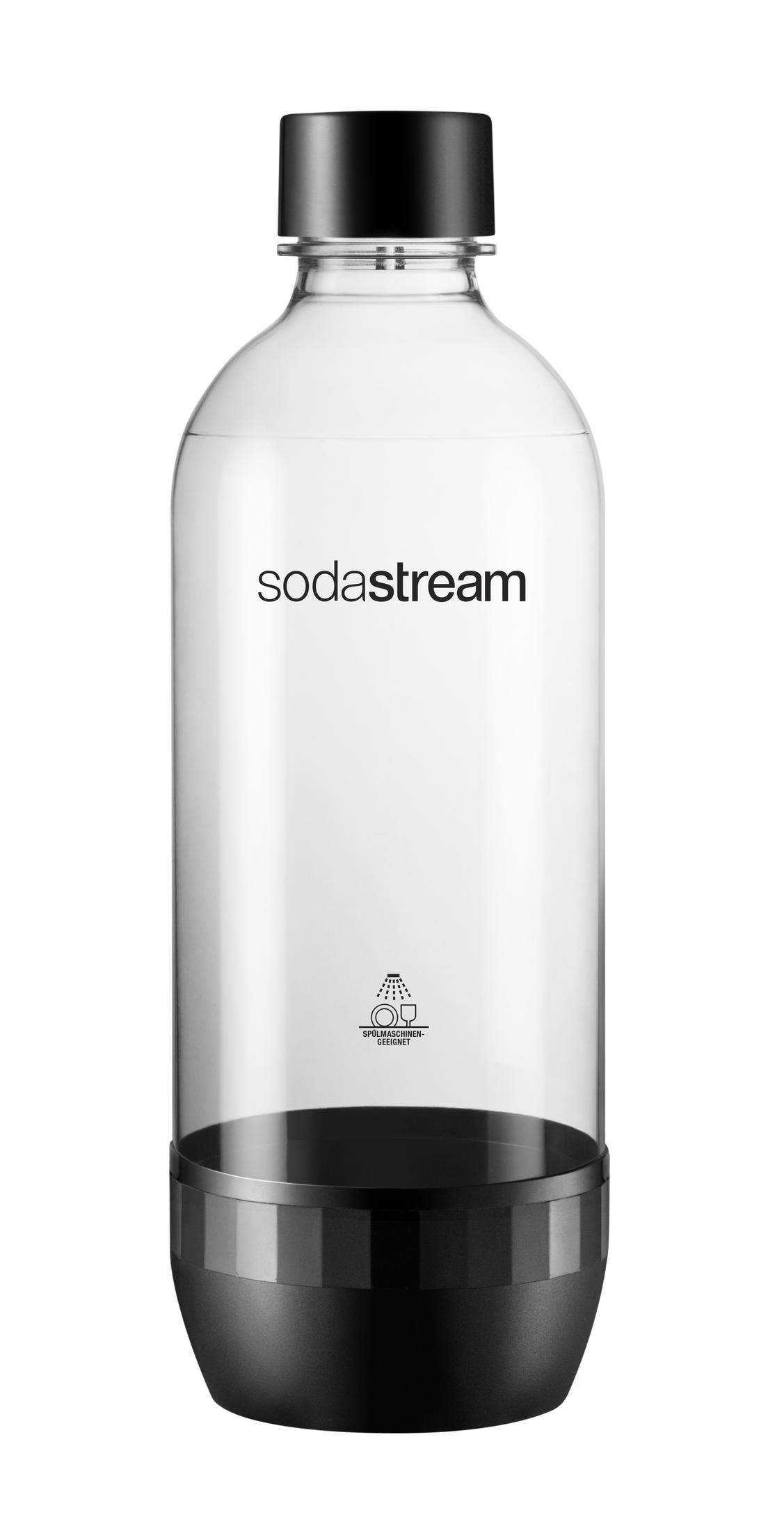 Klare SodaStream-Flasche mit schwarzem Boden und Deckel. Der Markenname ist auf der Flasche aufgedruckt.