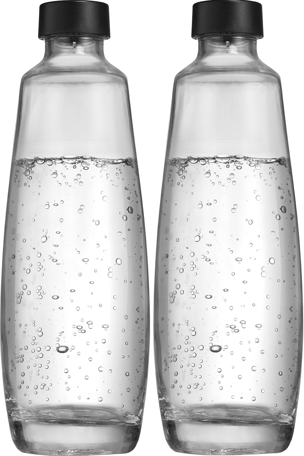 Zwei klare Glasflaschen mit Wasser und Blasen. Schwarze Kappen oben. Der Wasserstand ist in der Mitte.