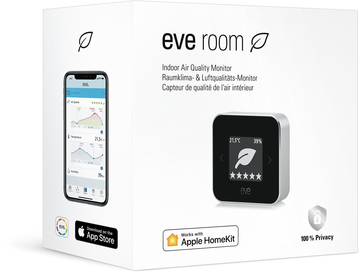 Białe pudełko z wyświetlaczem urządzenia smart home. Pokazuje temperaturę i wilgotność. iPhone wyświetla odczyty jakości powietrza.