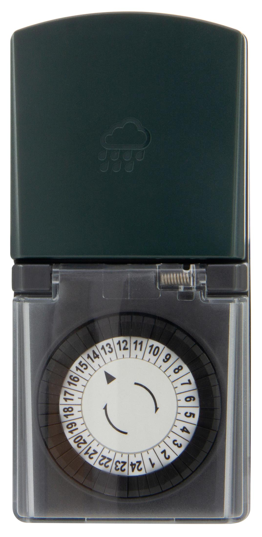 Ein dunkelgrüner elektrischer Timer mit Zifferblatt, Zahlen und einem Pfeil. Oben ist ein Regenwolken-Symbol.