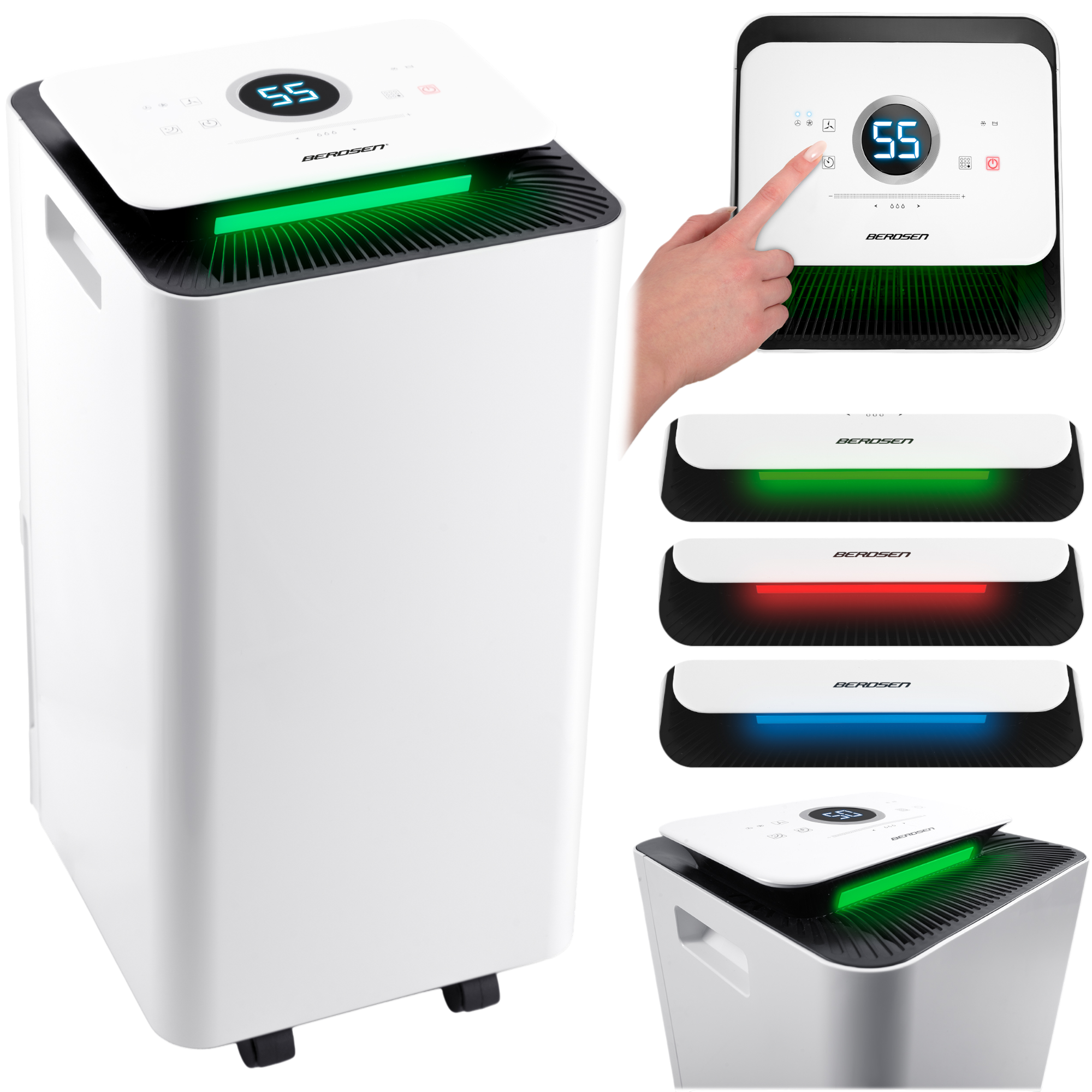 Biały oczyszczacz powietrza z cyfrowym wyświetlaczem pokazującym 55. Widoczne są zielone, czerwone i niebieskie światła. Ręka dotyka panelu sterowania.