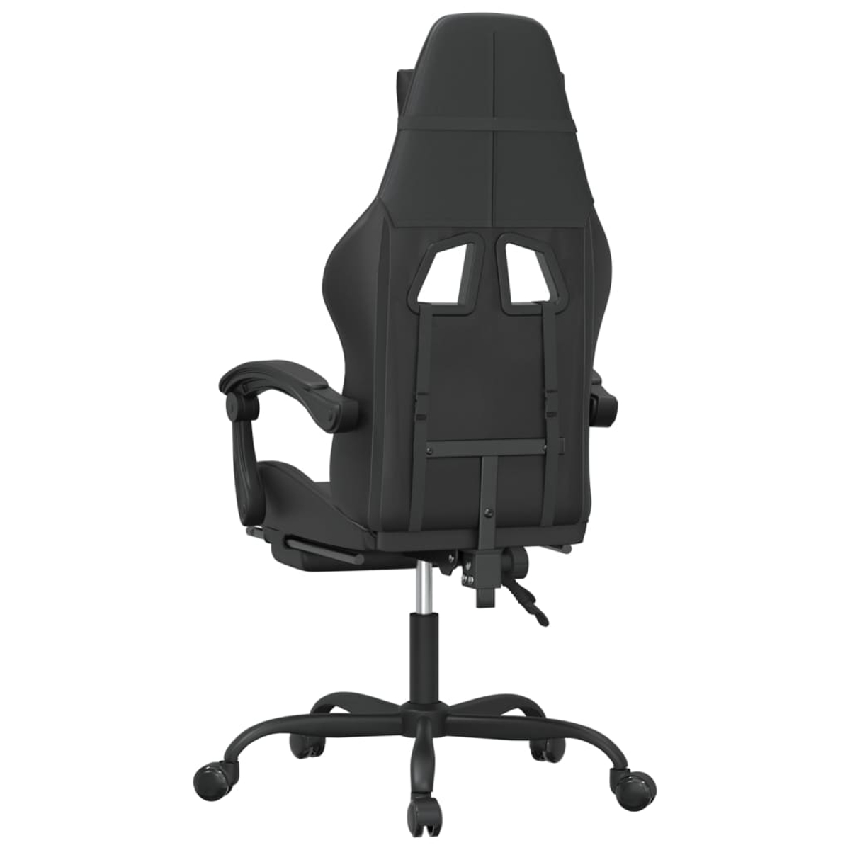 Ein schwarzer Gaming-Stuhl von hinten gesehen. Er hat eine hohe Rückenlehne mit zwei Aussparungen, Armlehnen und ein Fünf-Rollen-Gestell.