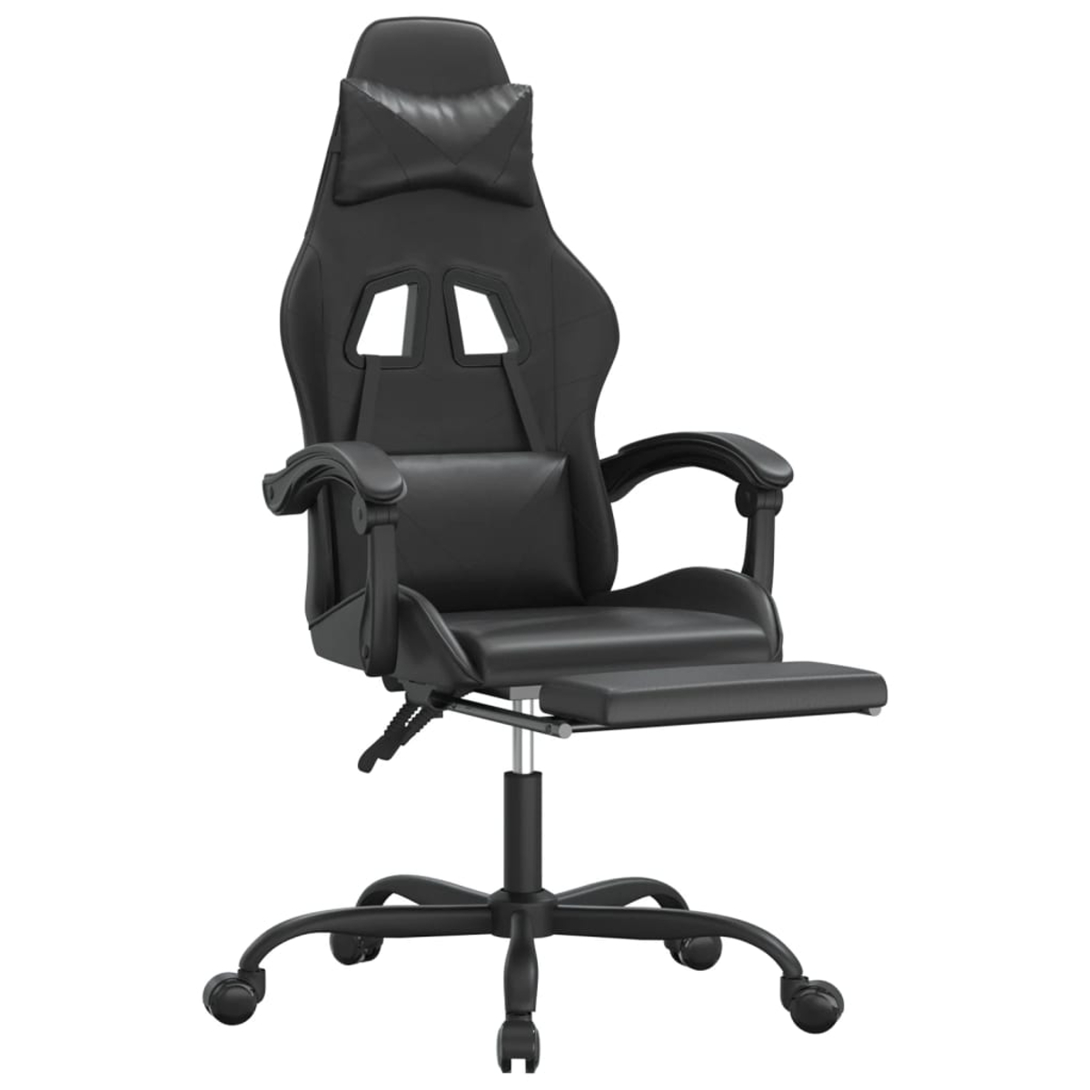 Ein schwarzer Gaming-Stuhl mit Kopfstütze, Armlehnen und Fußstütze. Er hat ein Fünf-Rad-Gestell. Der Hintergrund ist weiß.