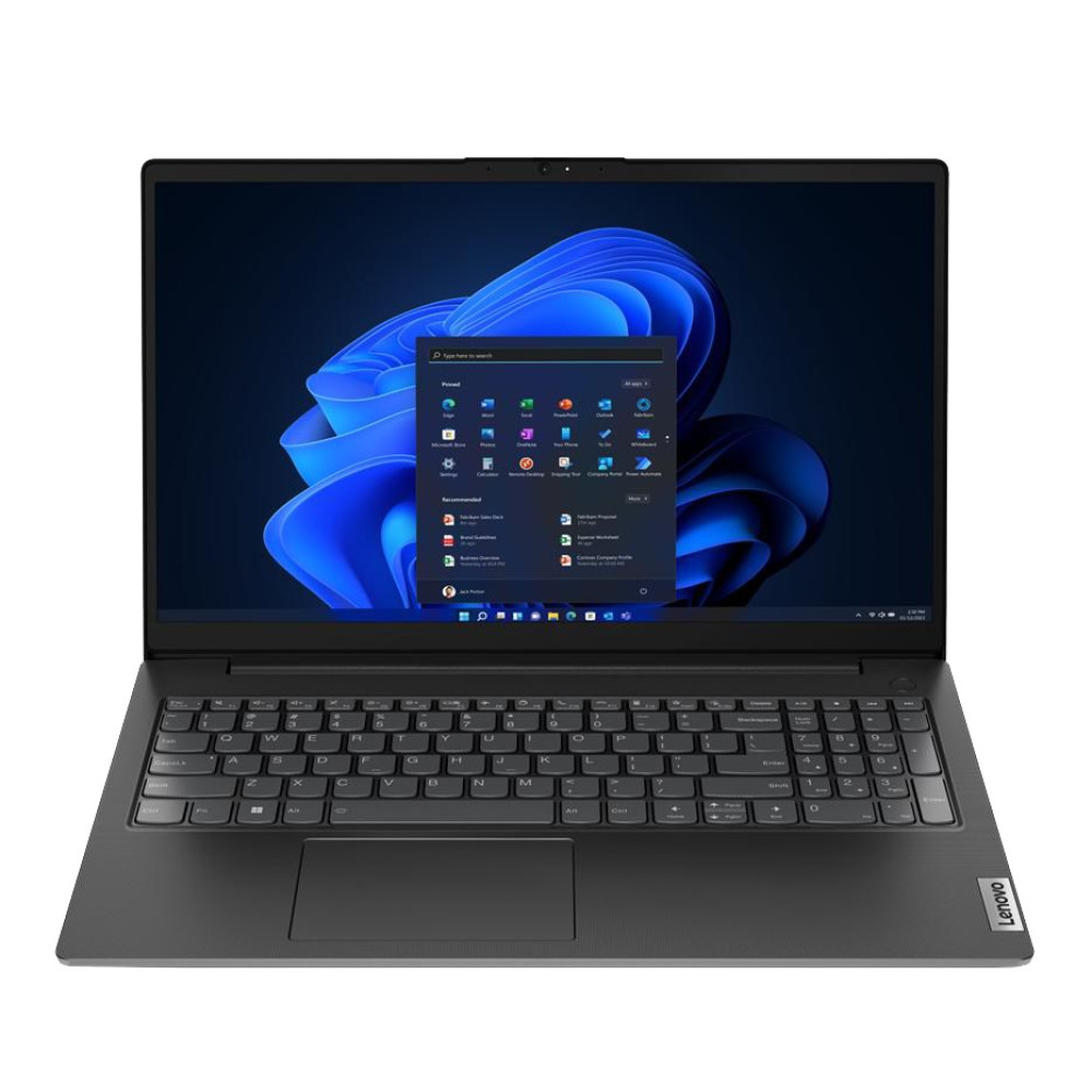 Laptop Lenovo jest otwarty, wyświetlając pulpit systemu Windows. Ekran pokazuje ikony aplikacji. Klawiatura jest widoczna, z touchpadem poniżej.