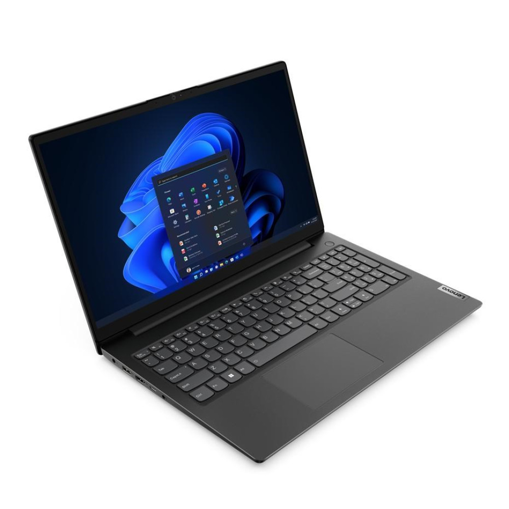 Laptop Lenovo jest otwarty, wyświetlając interfejs Windows 11. Ekran pokazuje ikony aplikacji. Klawiatura i touchpad są widoczne.