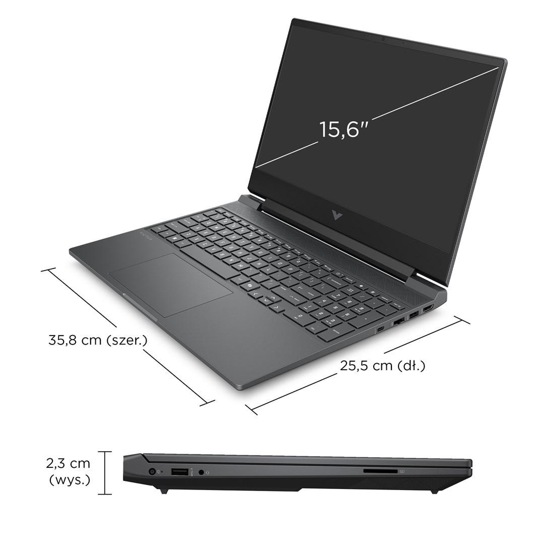 Szary laptop otwarty, widoczna klawiatura. Wymiary: 35,8 cm szerokości, 25,5 cm długości, 2,3 cm wysokości. Rozmiar ekranu 15,6".