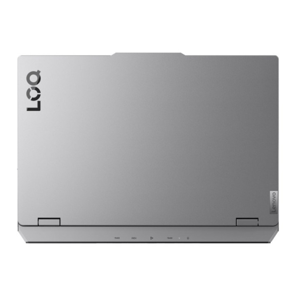 Szary laptop Lenovo, widok z góry. Marka LOQ jest po lewej u góry, Lenovo po prawej. Porty na dole.