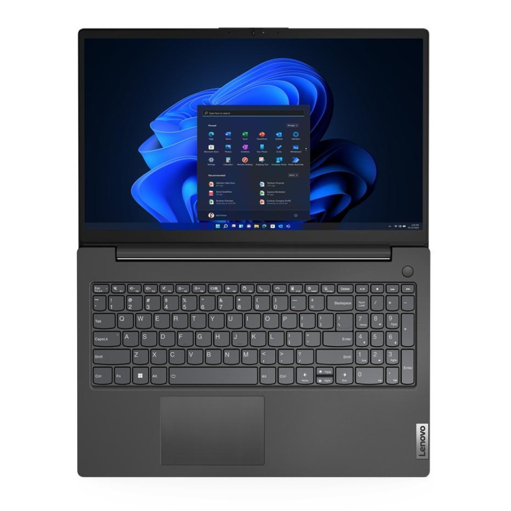 Otwarty laptop Lenovo. Ekran wyświetla interfejs Windows 11. Klawiatura widoczna, gładzik poniżej. Logo Lenovo na dole po prawej.