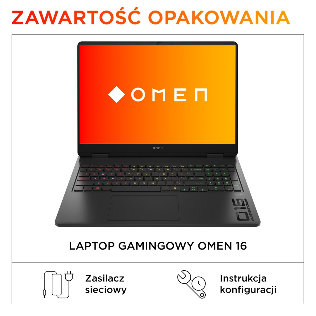 Czarny laptop do gier OMEN z pomarańczowo-żółtym ekranem. Poniżej zasilacz i instrukcja konfiguracji.