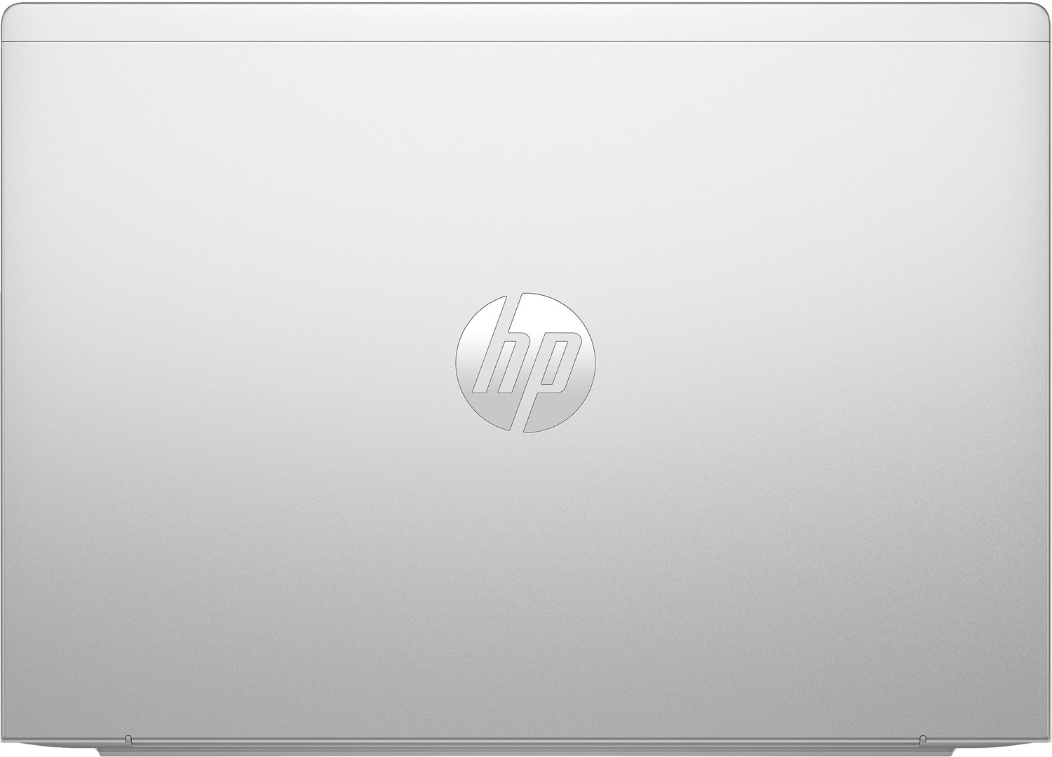 Srebrny laptop zamknięty, logo HP wyśrodkowane. Widoczne górna i dolna krawędź. Prosty, czysty i nowoczesny design.