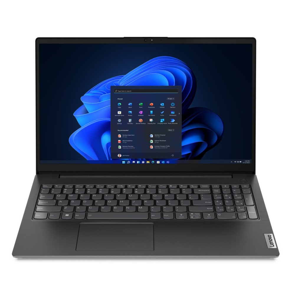 Otwarty laptop Lenovo z interfejsem Windows 11. Ekran wyświetla ikony aplikacji na ciemnoniebieskim tle.