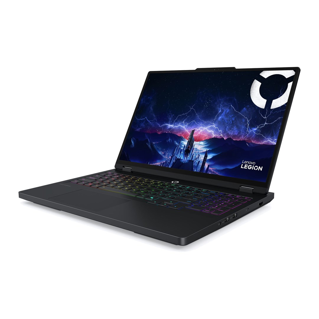 Czarny laptop Lenovo Legion na białym tle. Ekran wyświetla fantastyczny krajobraz. Klawiatura ma tęczowe klawisze.