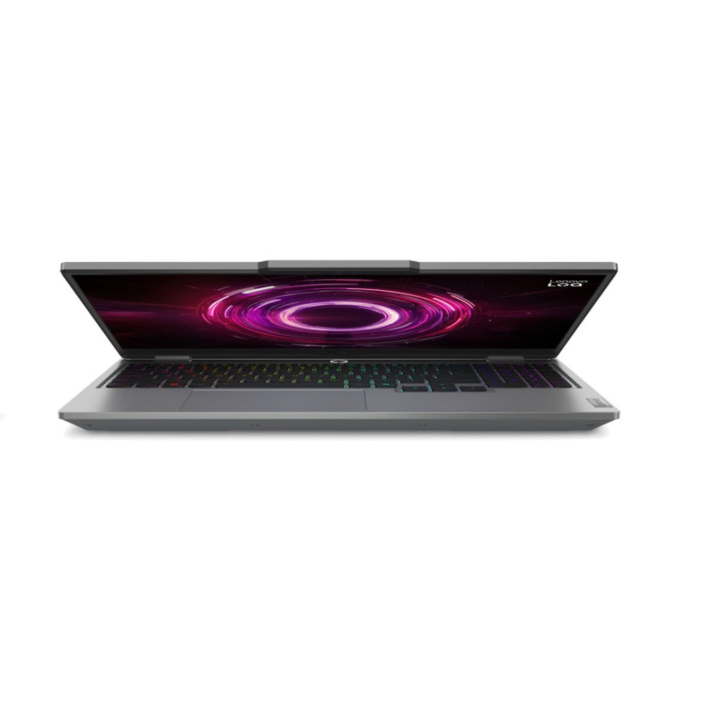 Otwarty laptop z kolorowym ekranem wyświetlającym różowo-fioletową spiralę. Klawiatura podświetlana wieloma kolorami. Szara obudowa laptopa.