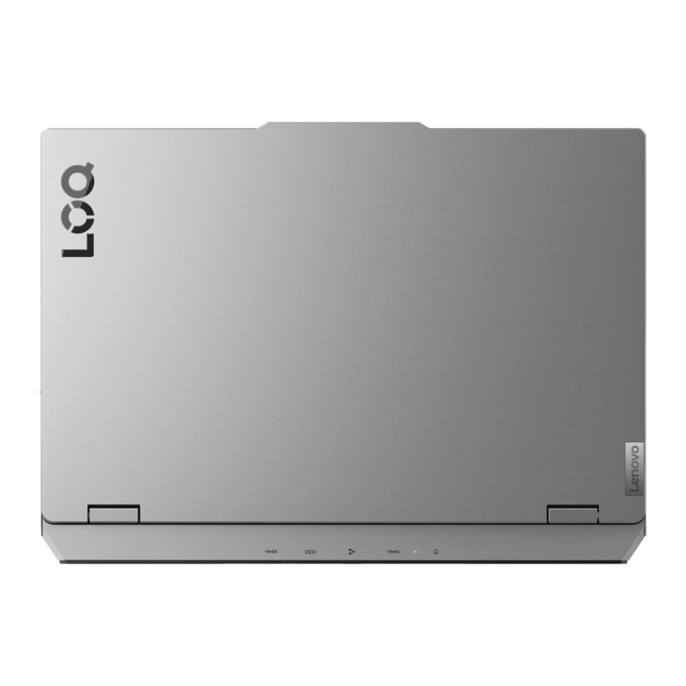 Szary laptop Lenovo z góry. Logo Lenovo po prawej, logo LOQ po lewej stronie.