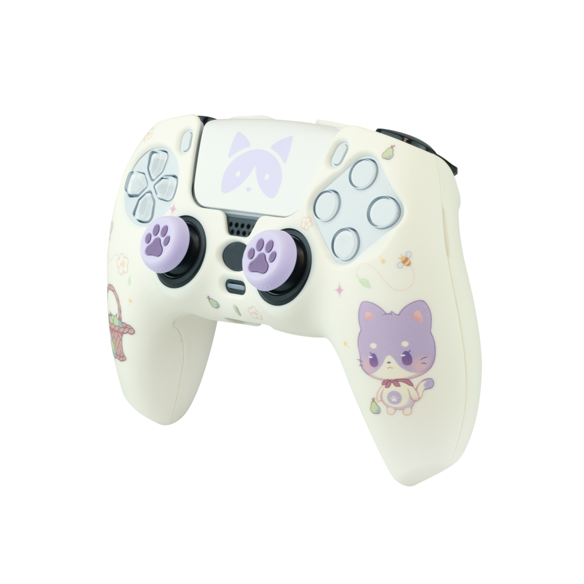 Un mando de juego color crema con palancas para pulgar moradas con huellas de pata y calcomanías de gato y flores. Los botones son blancos.