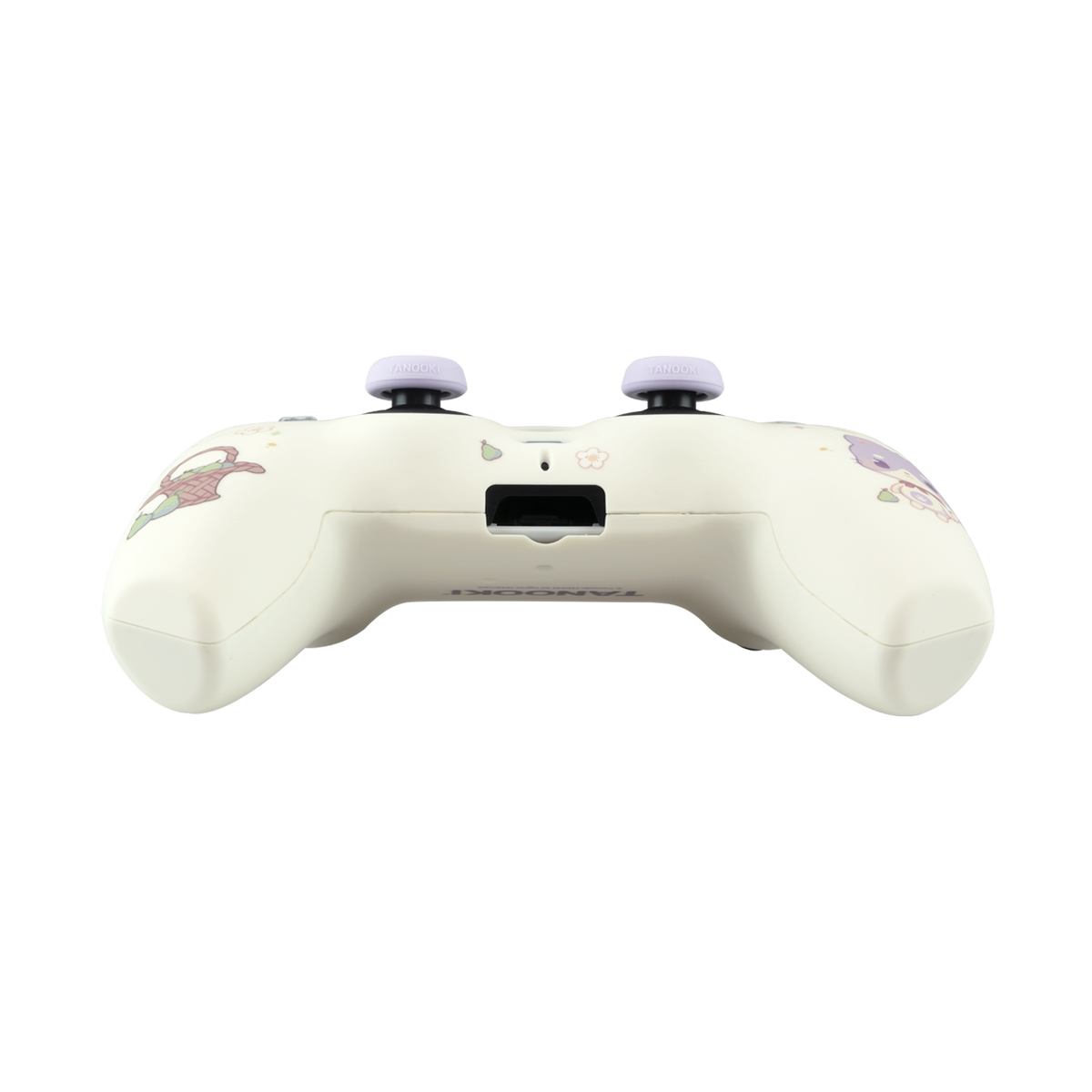 Controlador de juego crema con palancas moradas. Decorado con gráficos florales y de dibujos animados. Tiene un puerto de carga. Fondo negro.