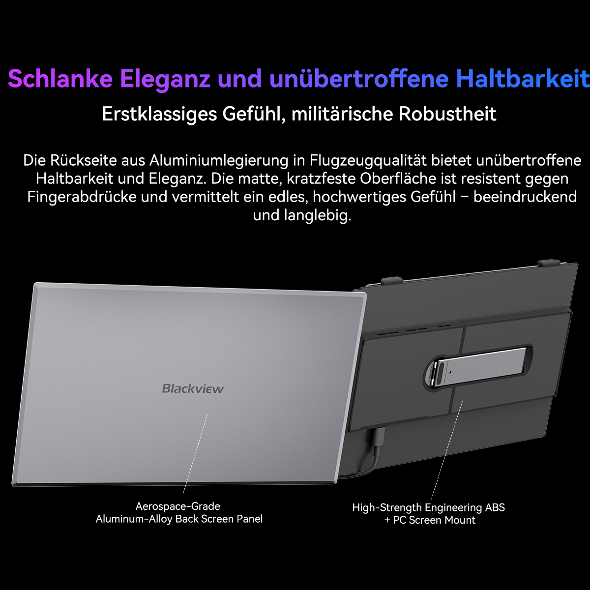 Ein Tablet mit metallischer Rückseite und schwarzem Gehäuse. Details zu Materialien wie Aluminium und ABS werden gezeigt.