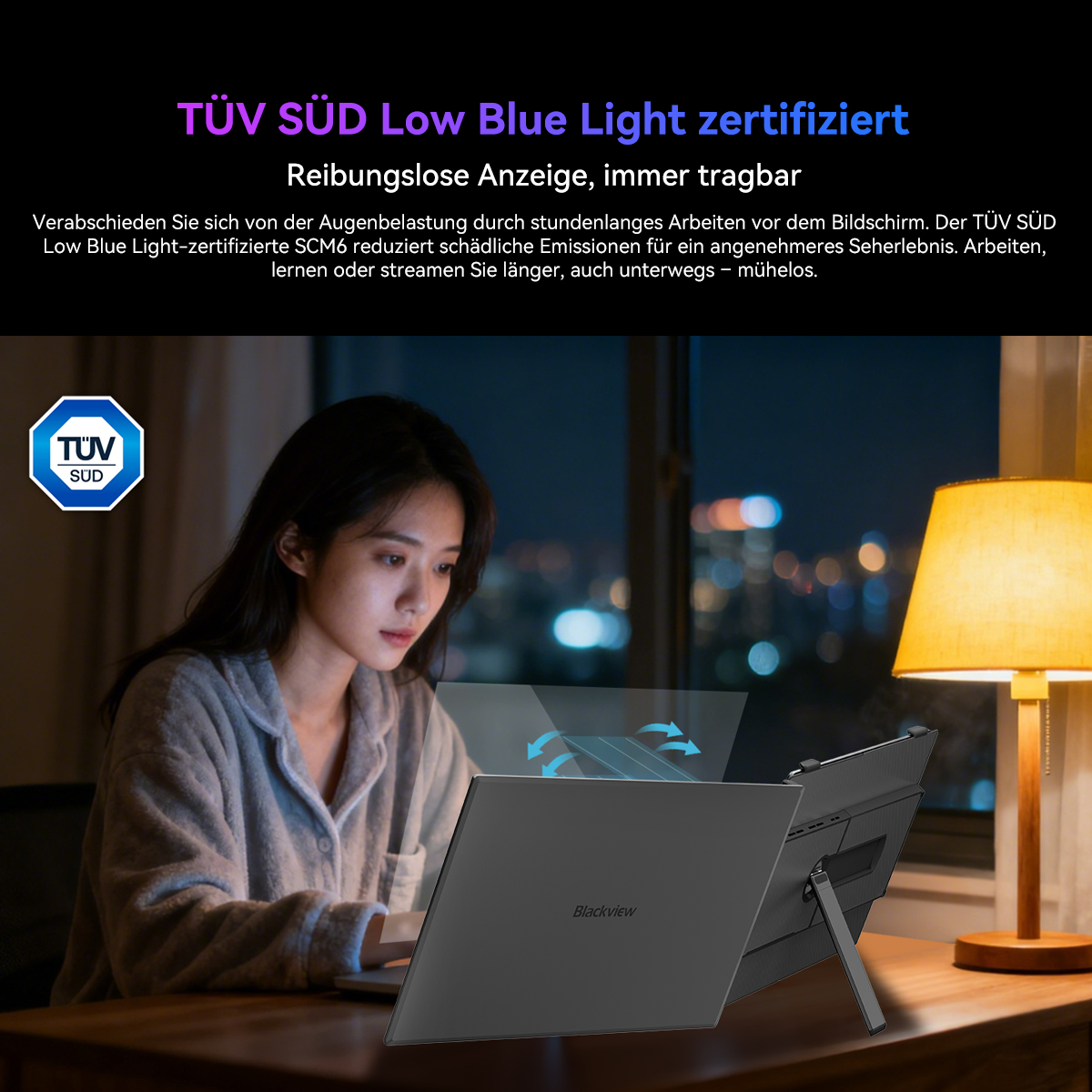 Eine Frau benutzt einen Laptop mit Low-Blue-Light-Zertifizierung. Im Hintergrund leuchtet eine Lampe. Die Szene spielt nachts.