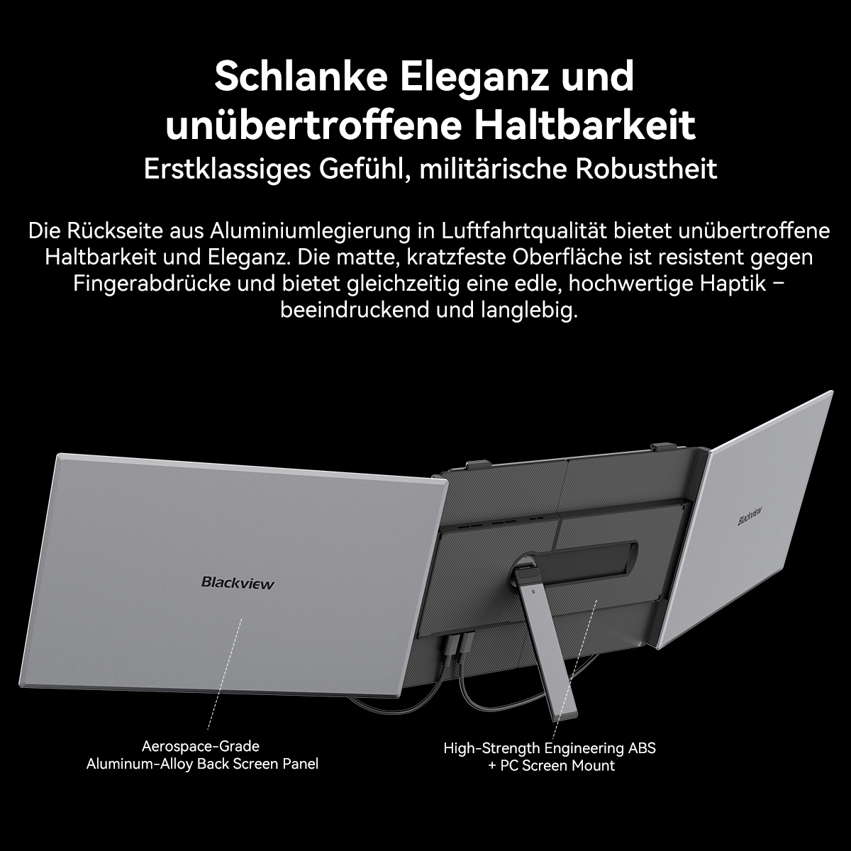 Ein grauer Monitor mit der Marke Blackview wird gezeigt, der sein Aluminium-Rückwand aus Luftfahrtqualität hervorhebt.