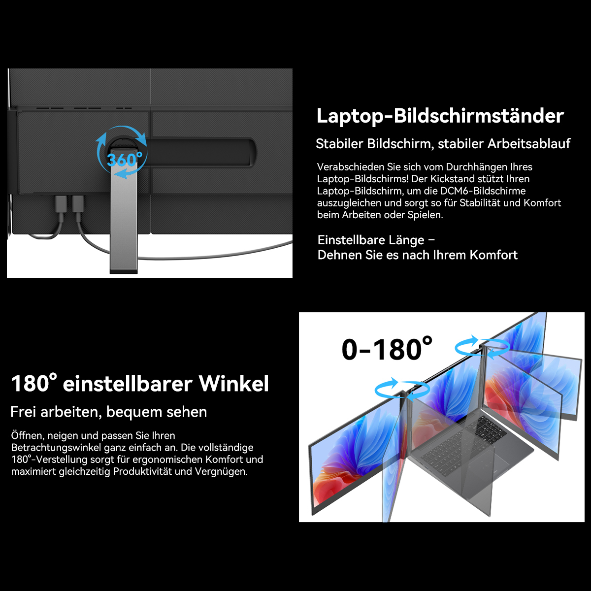 Ein Monitorständer mit verstellbarem Winkel. Das Display zeigt Laptop-Bildschirme und Text auf Deutsch, der seine Funktionen beschreibt.