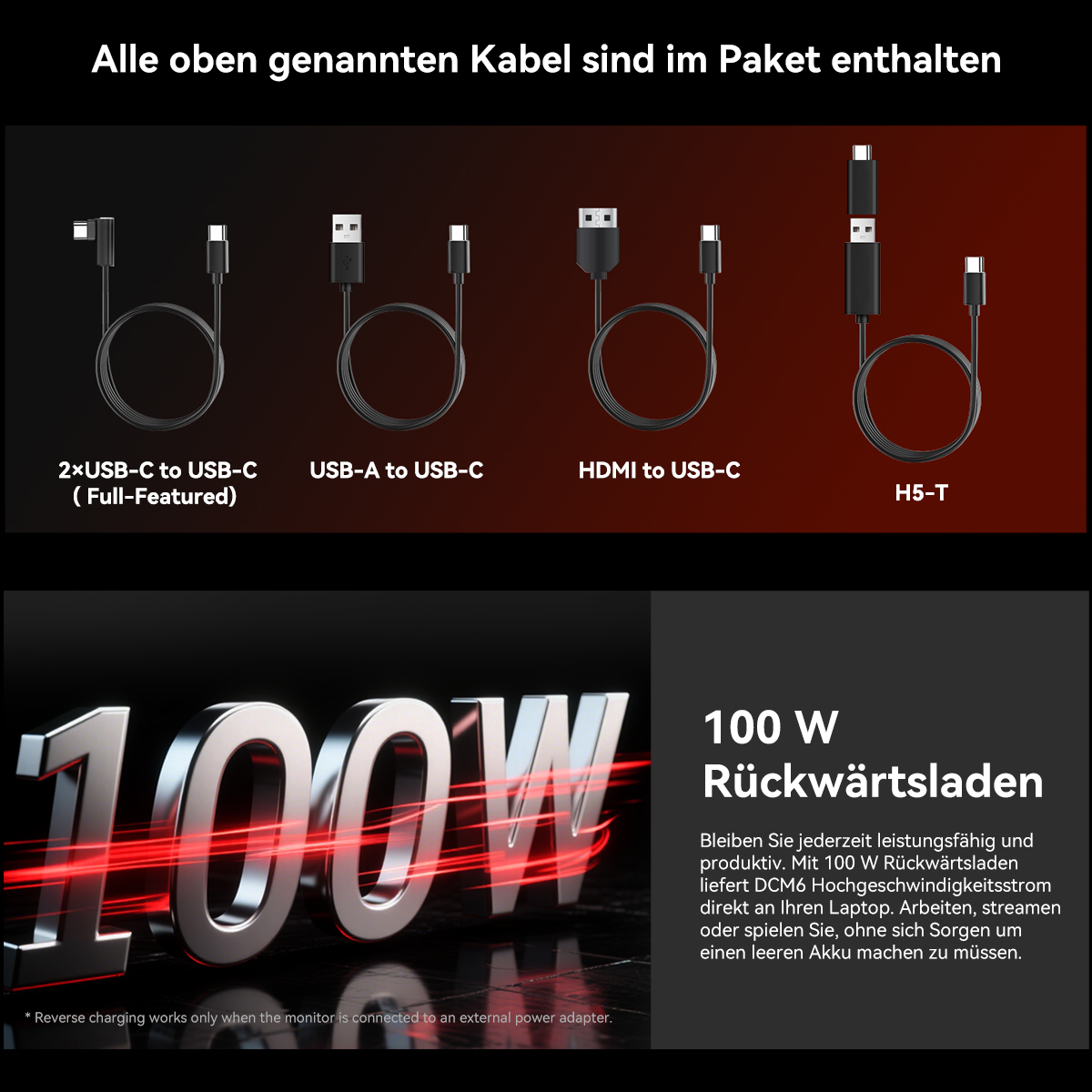 Das Bild zeigt Kabel, darunter USB-C zu USB-C, USB-A zu USB-C und HDMI zu USB-C. Ein 100W-Logo und Text zum Rückwärtsladen sind vorhanden.