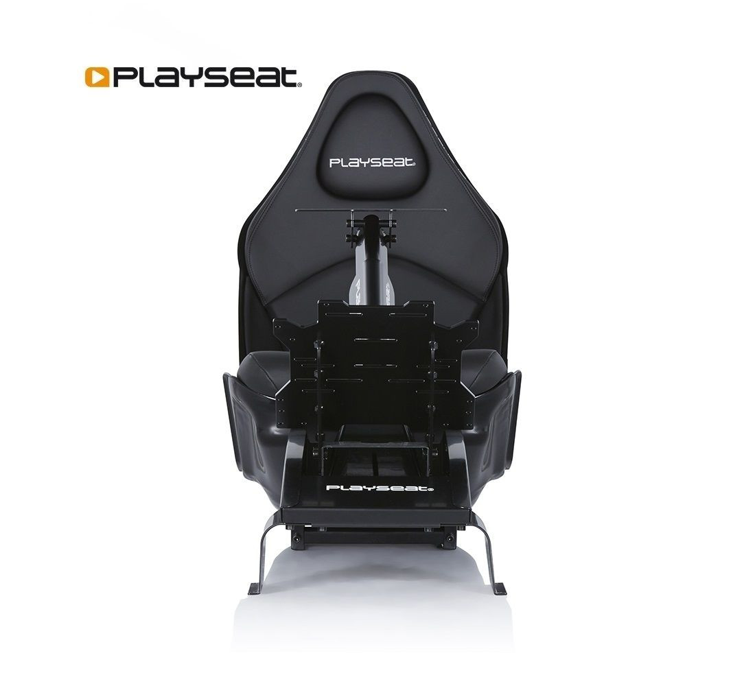 Un siège de course Playseat noir sur fond blanc. La chaise a un appui-tête et une structure métallique.