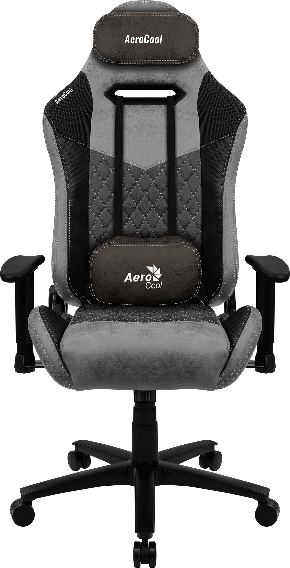 Een grijze en zwarte AeroCool gaming stoel. Het heeft een hoofdsteun en een lendenkussen. De basis heeft wielen.