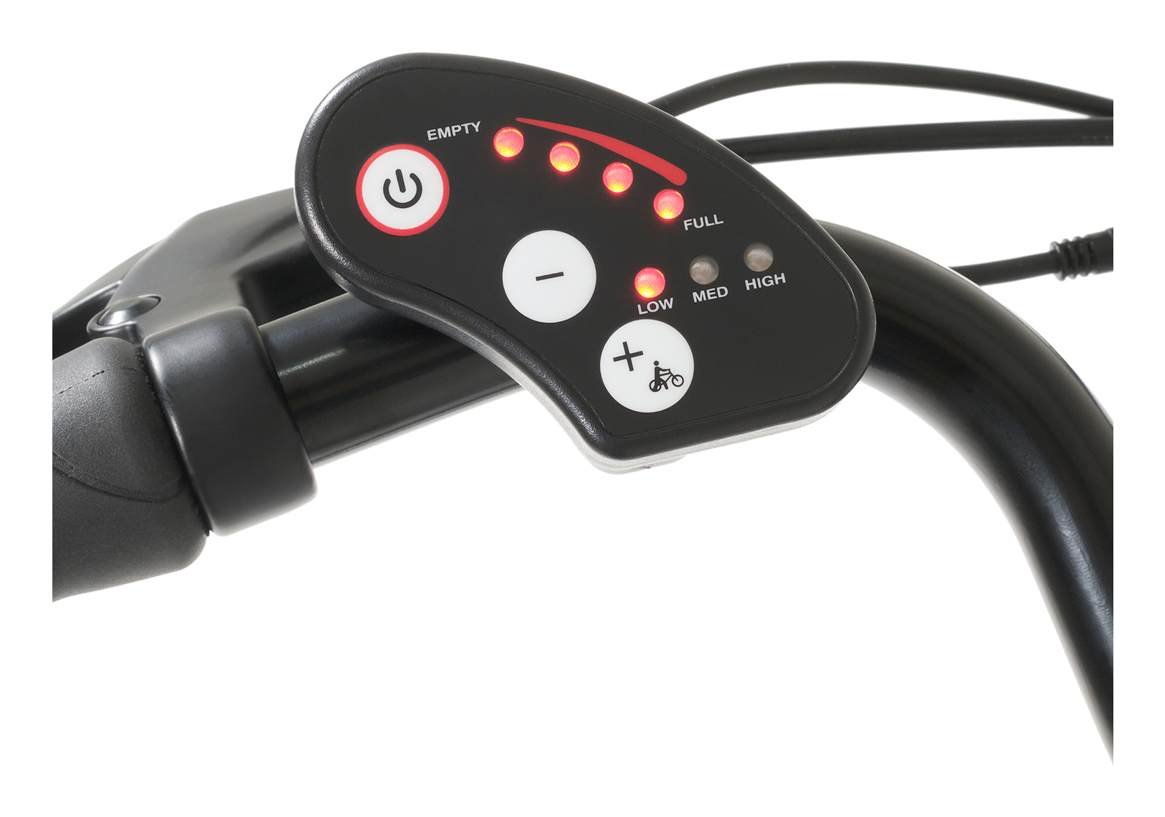 Primo piano del manubrio della e-bike. Il pannello nero mostra il livello della batteria, il pulsante di accensione e i pulsanti per il controllo della velocità.