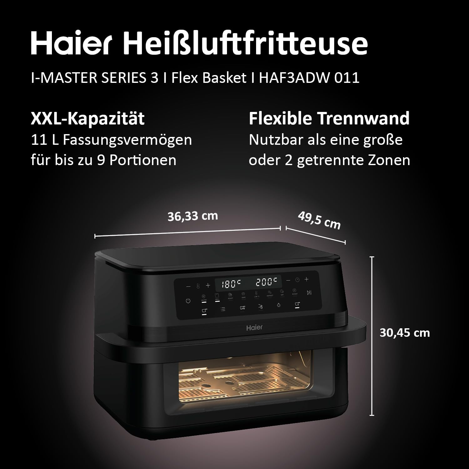Una freidora de aire Haier negra con dimensiones. Texto indica cesta flexible y dos zonas.