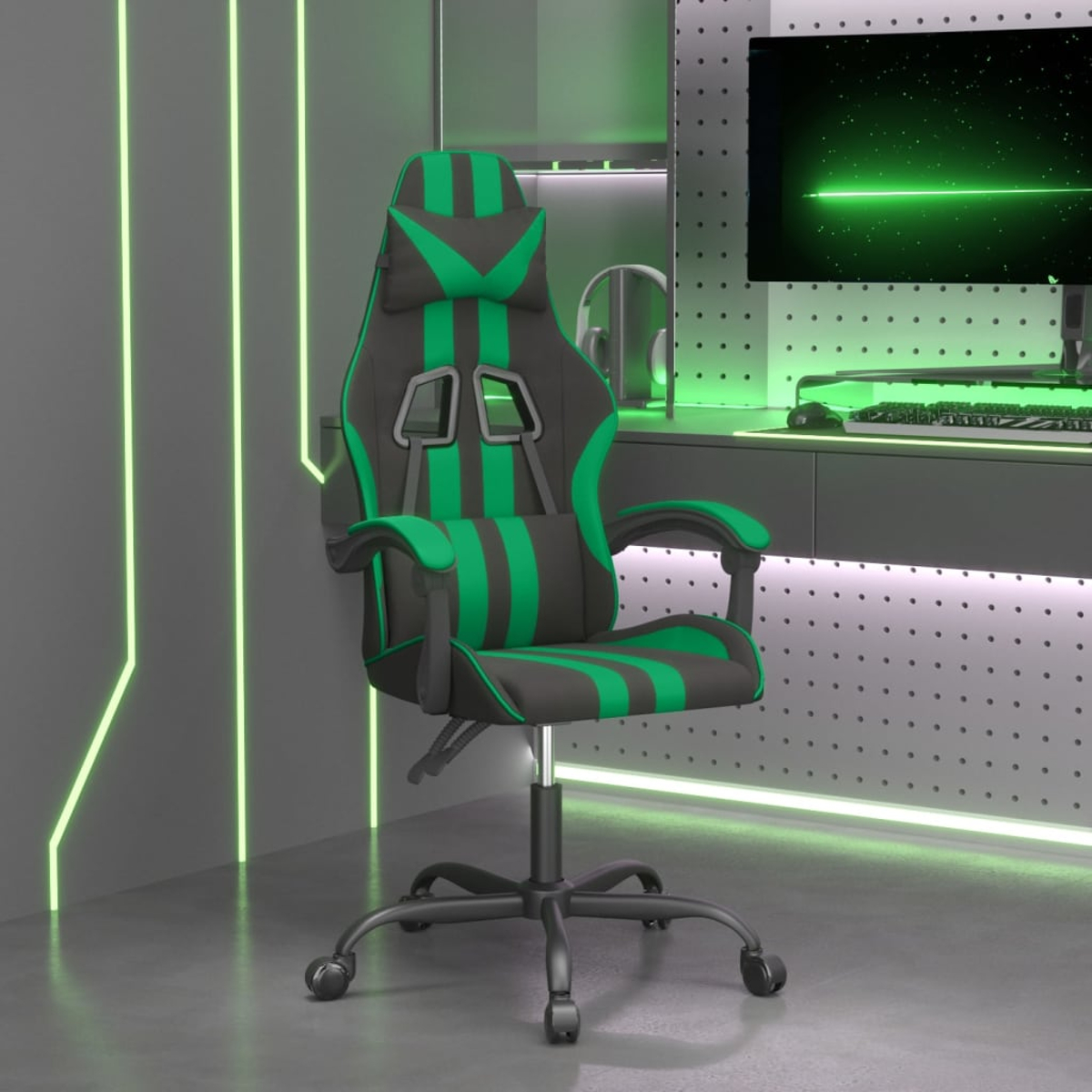 Gaming-Stuhl mit grün-schwarzen Streifen. Schreibtisch mit Monitor, der grüne Linien zeigt. Graue Wände mit grünen Neonlichtern.