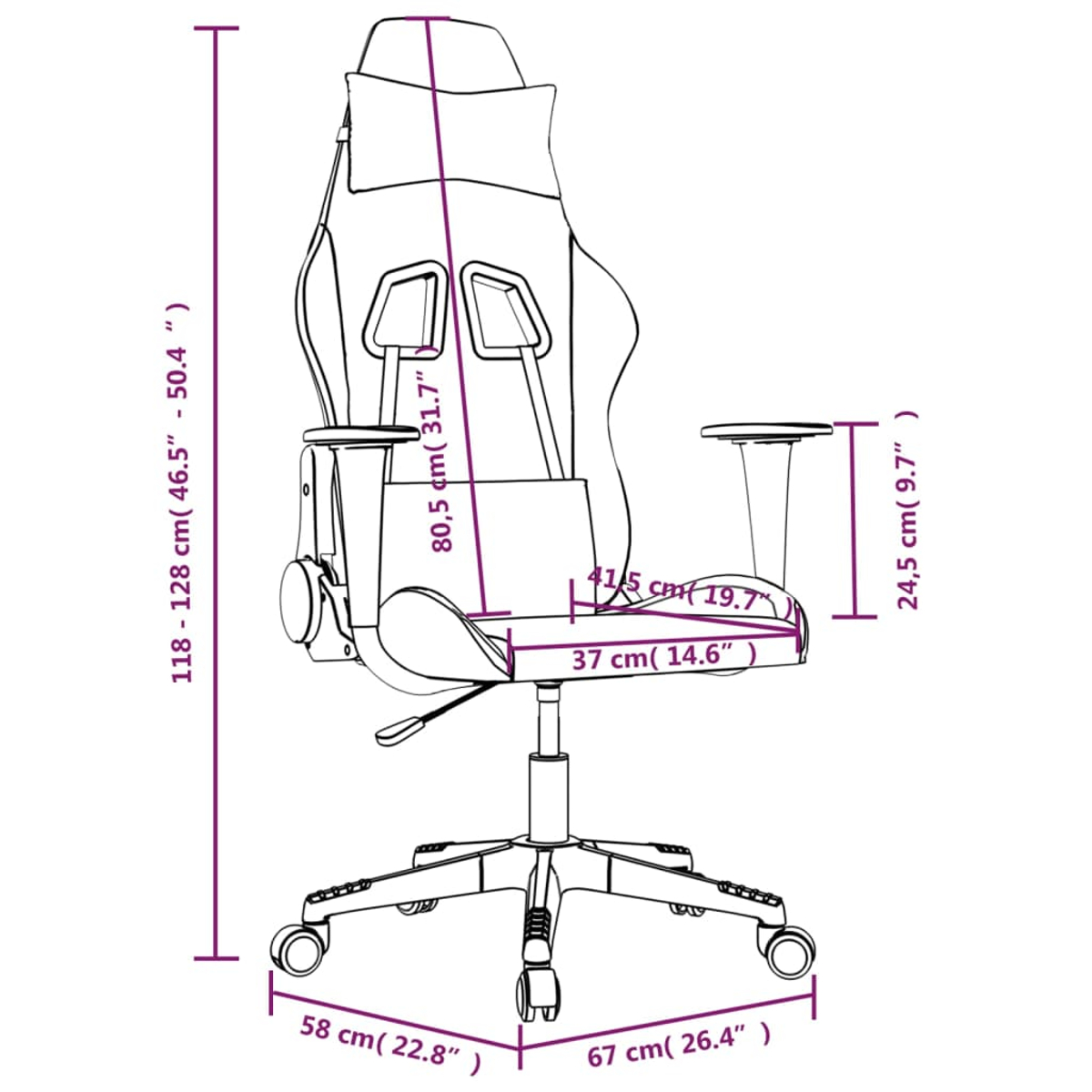 Diagramm eines Gaming-Stuhls mit Abmessungen in cm und Zoll. Messungen umfassen Höhe, Breite und Sitztiefe.
