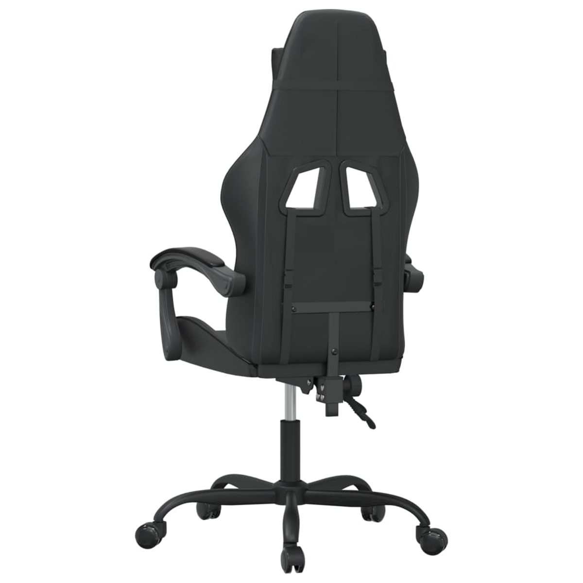 Ein schwarzer Gaming-Stuhl, von hinten gesehen. Er hat eine hohe Rückenlehne mit zwei Öffnungen, Armlehnen und ein Fünf-Rollen-Gestell.
