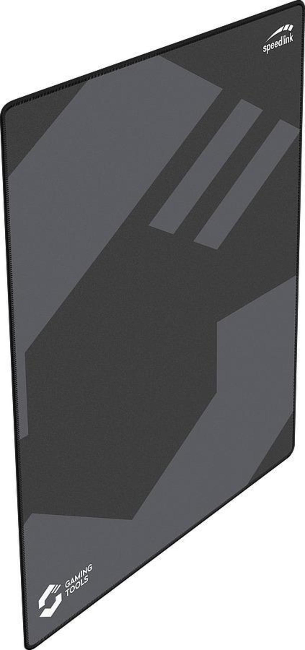 Zwarte gaming muismat met grijze geometrische vormen en Speedlink logo. Gaming Tools logo in de hoek.