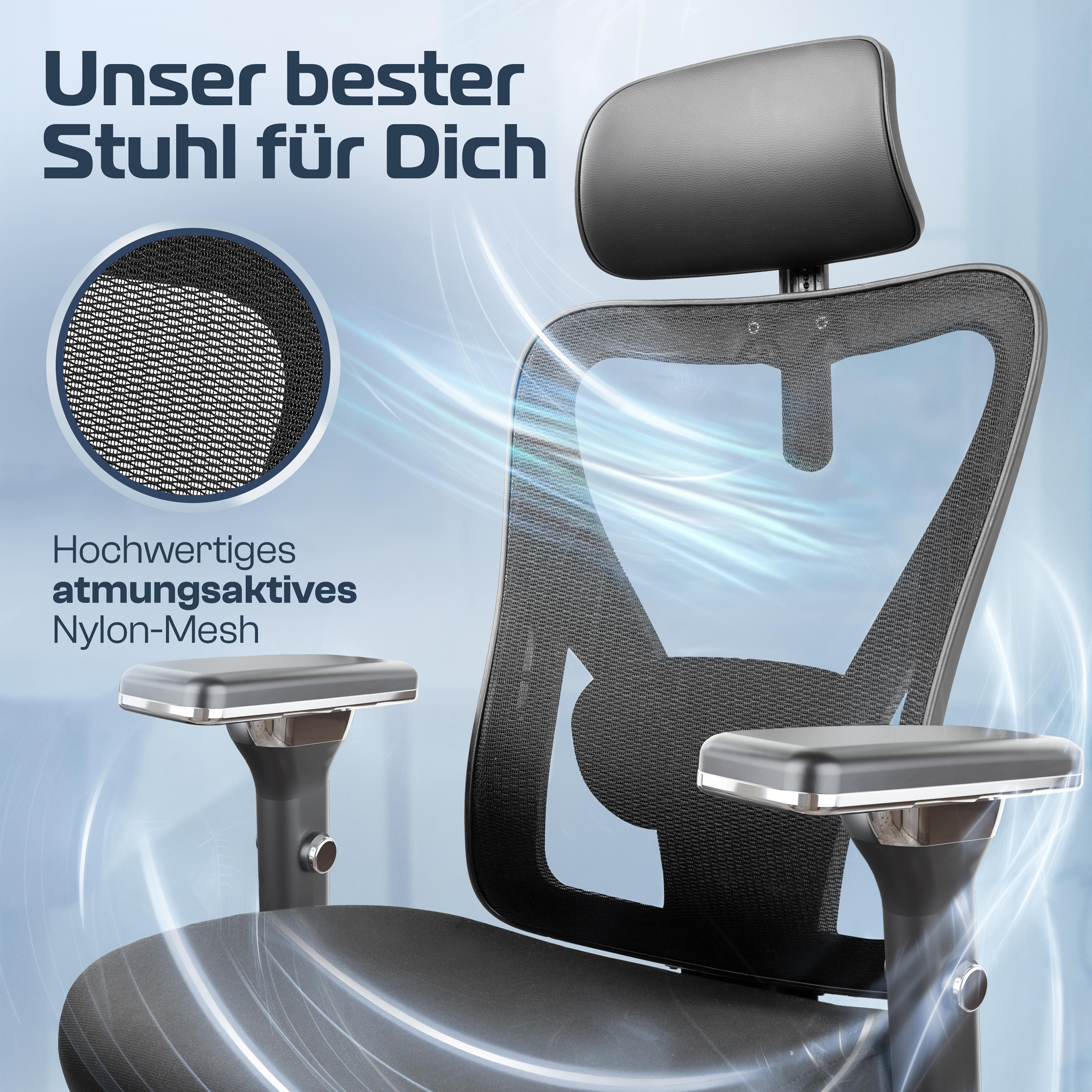 Ein schwarzer Bürostuhl mit Netzrücken und Kopfstütze. Die Armlehnen sind silberfarben. Der Text lautet: 'Unser bester Stuhl für dich'.