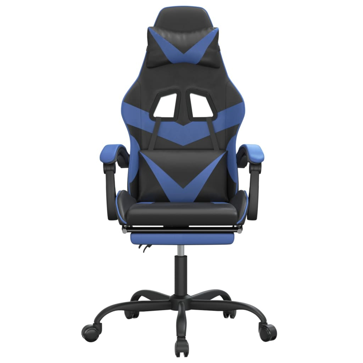 Ein Gaming-Stuhl mit schwarz-blauem Design, hoher Rückenlehne, Armlehnen und einem Gestell mit Rollen, vor weißem Hintergrund.