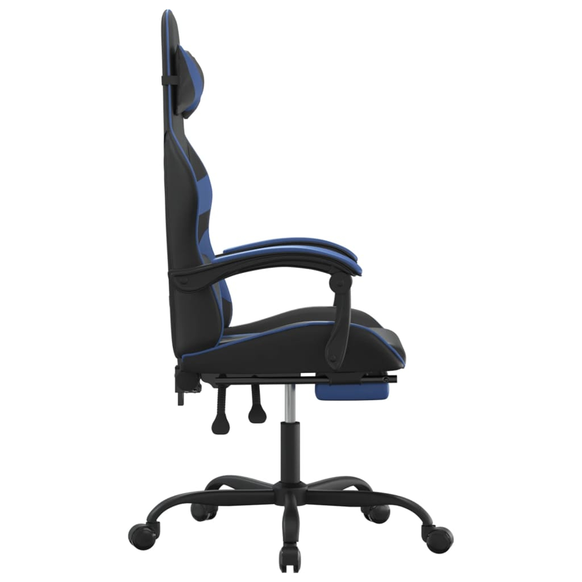 Seitenansicht eines schwarz-blauen Gaming-Stuhls auf weißem Hintergrund. Er hat Räder und eine verstellbare Kopfstütze.