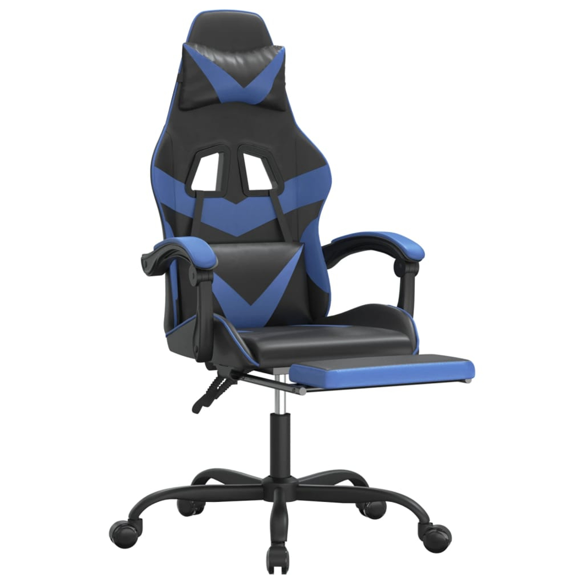 Ein Gaming-Stuhl mit schwarzen und blauen Akzenten. Verfügt über eine Kopfstütze, Armlehnen, Fußstütze und ein Fünf-Rollen-Gestell.