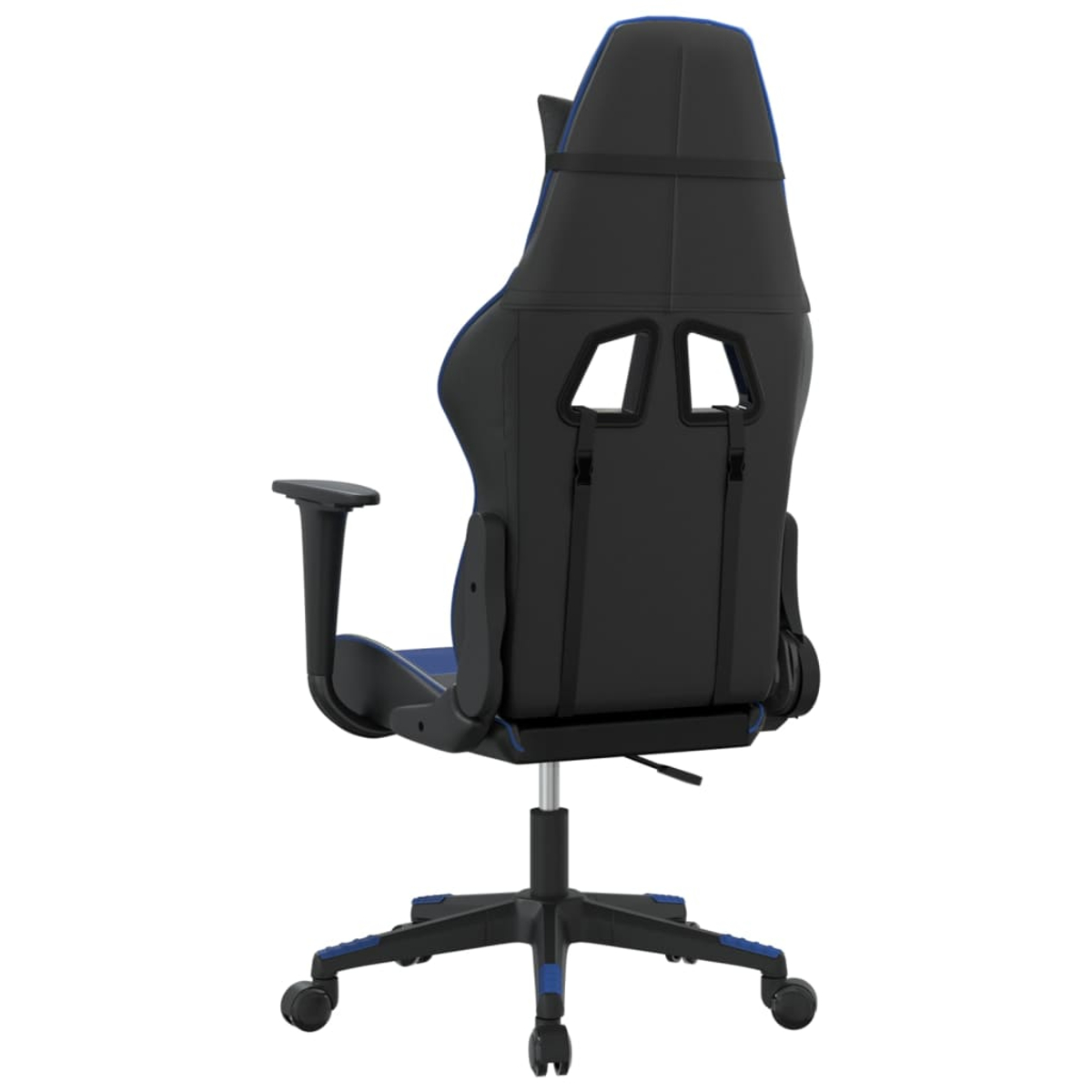Rückansicht eines schwarz-blauen Gaming-Stuhls auf weißem Hintergrund. Der Stuhl hat eine Kopfstütze, Armlehnen und ein Fünf-Sterne-Gestell mit Rollen.