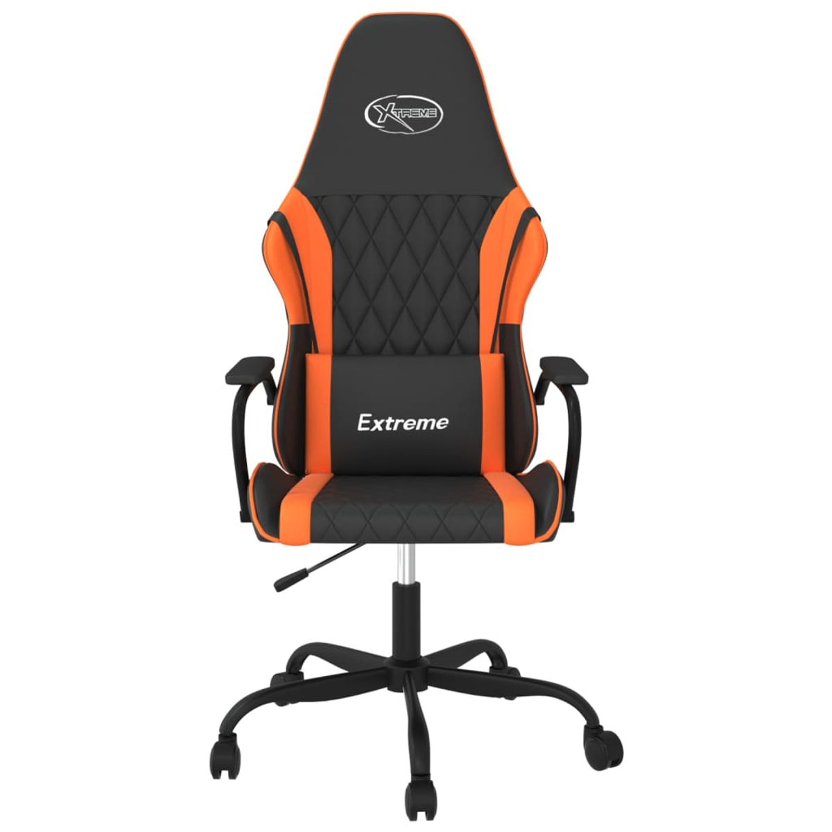 Ein schwarz-oranger Gaming-Stuhl mit rautenförmiger Rückenlehne und dem Wort „Extreme“ auf der Lendenwirbelstütze.