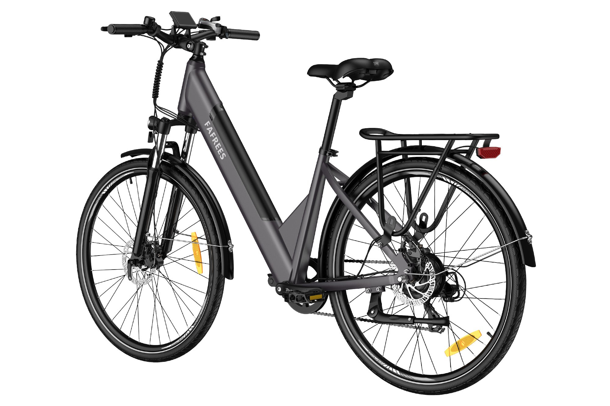 Ein graues Elektrofahrrad mit schwarzen Reifen und Komponenten vor weißem Hintergrund. Es hat einen Gepäckträger und den Markennamen FAREES.