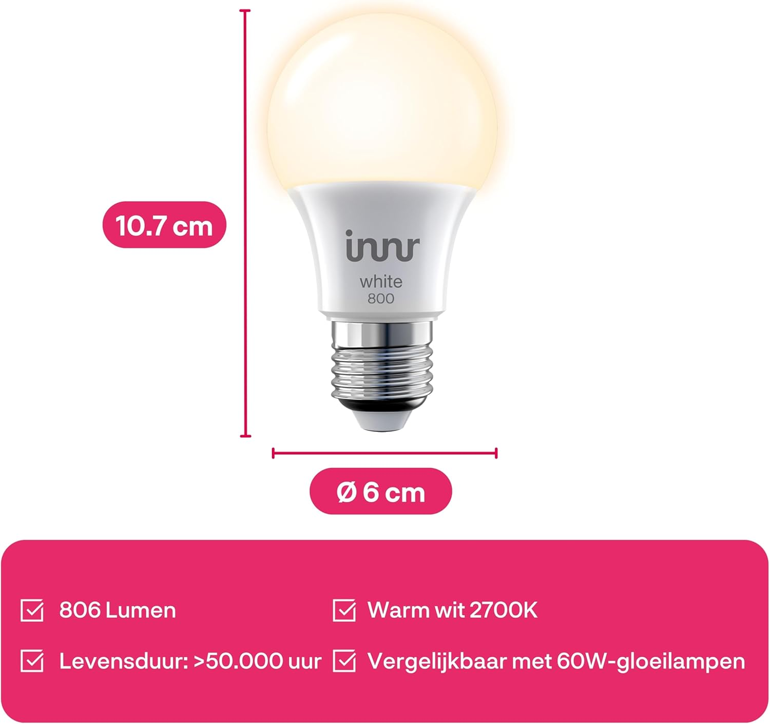 Een witte LED-lamp met afmetingen en specificaties: 10,7 cm hoog, 6 cm diameter. Inclusief details over lumen en levensduur.