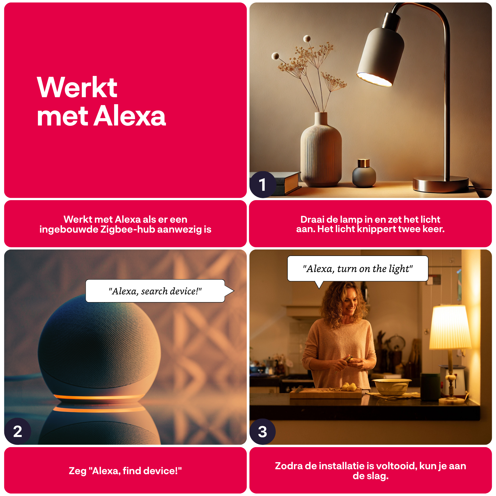 De afbeelding toont instructies over het gebruik van Alexa, inclusief een lamp en een vrouw in de keuken.