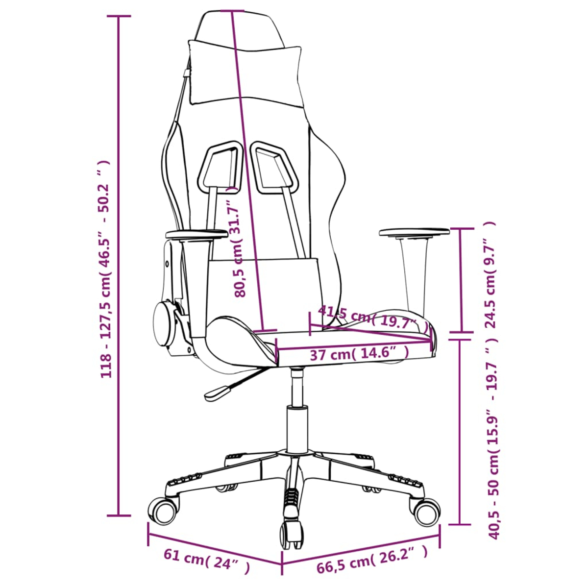 Diagramm eines schwarz-grauen Gaming-Stuhls mit Maßen in Zentimetern und Zoll.