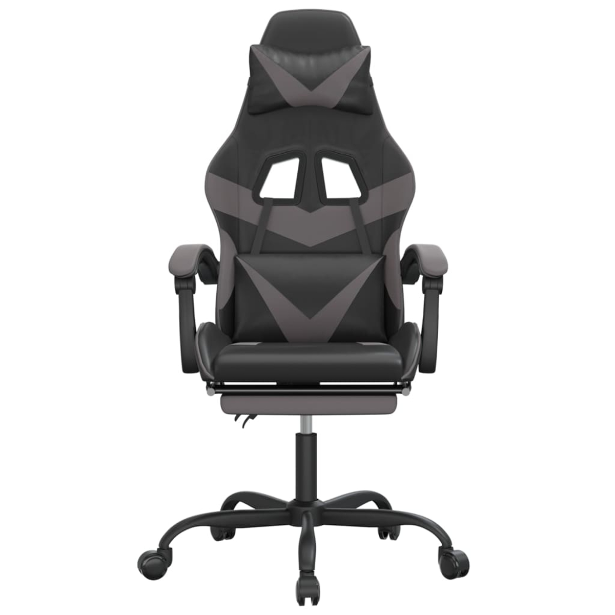 Ein schwarz-grauer Gaming-Stuhl. Er hat eine Kopfstütze, Armlehnen und eine Fußstütze. Die Basis hat Räder. Der Hintergrund ist weiß.