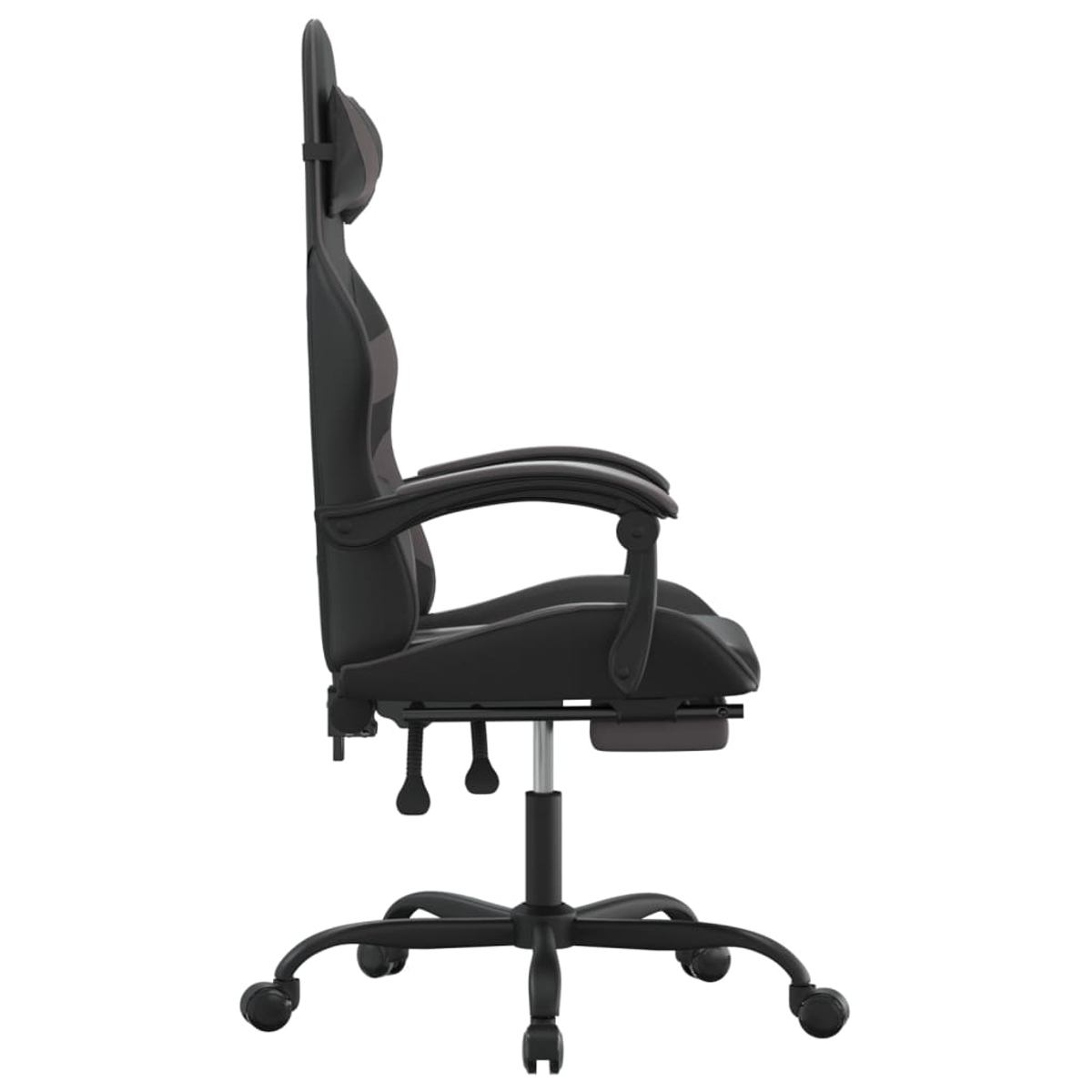 Seitenansicht eines schwarz-grauen Gaming-Stuhls. Er hat eine hohe Rückenlehne, Armlehnen, eine Kopfstütze und ein Fünf-Rollen-Gestell.