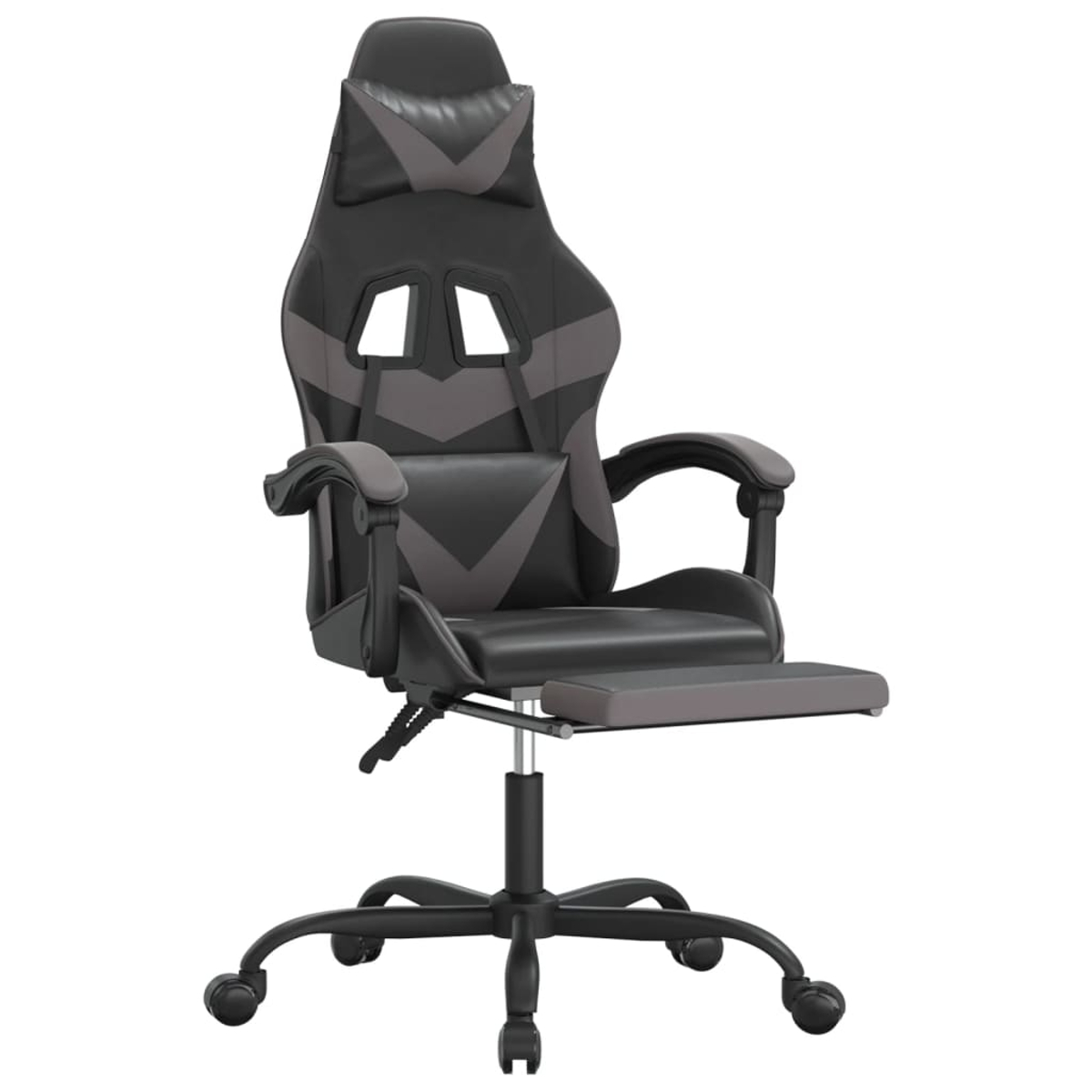 Gaming-Stuhl. Schwarz und grau, mit Kopf- und Fußstütze. Fünf-Rad-Basis. Verstellbare Armlehnen und Rückenlehne. Isoliert auf weißem Hintergrund.