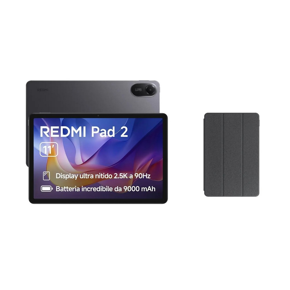 Ein Redmi Pad 2 Tablet mit Rückseite, einer Hülle und der Vorderseite, die das Display mit Text über Bildschirm und Akku zeigt.
