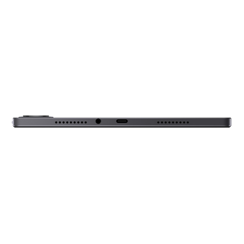 Seitenansicht eines dunkelgrauen Tablets. Es hat ein Kameramodul, Lautsprecherlöcher, eine Kopfhörerbuchse, einen USB-C-Anschluss und eine Ein-/Aus-Taste.