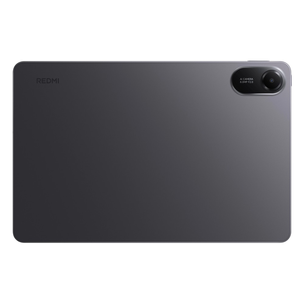 Rückseite eines grauen Redmi-Tablets. Es hat eine Kamera oben rechts, das Wort REDMI und eine glatte, dunkelgraue Oberfläche.